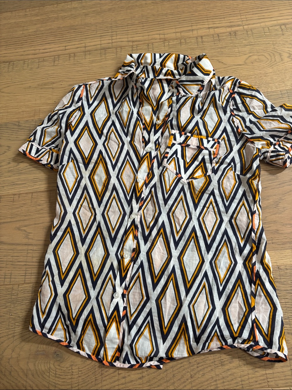 Tory Burch Short-Sleeve Diamond Print Button-Down - White, Gold & deep blue